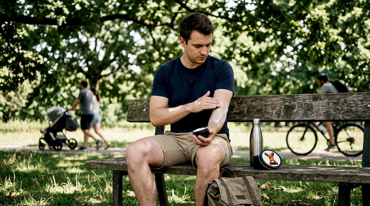 Man reapplying sunscreen in sunny city park