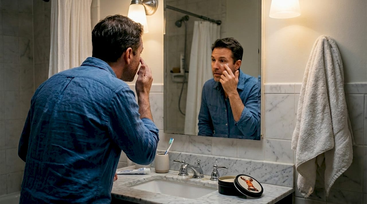 Man applying eye cream at night