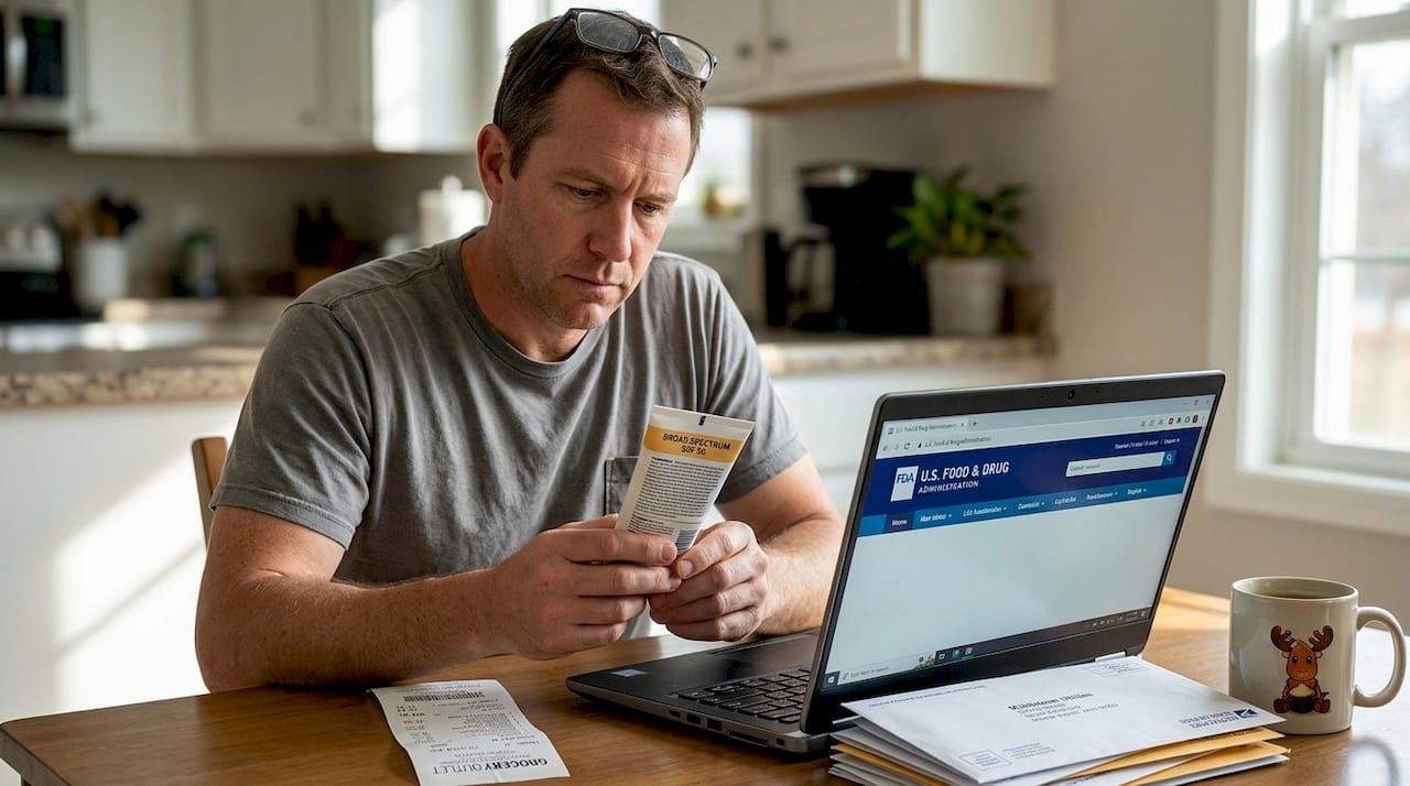 Man checks sunscreen ingredients and FDA website