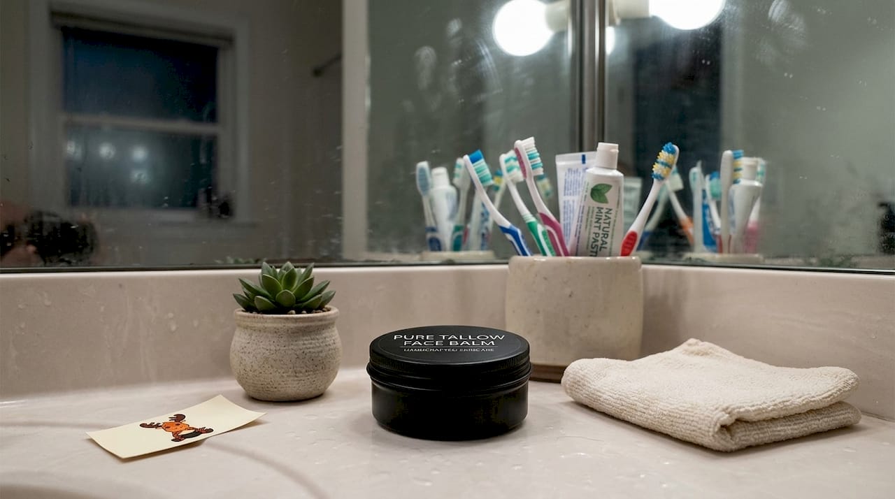 Bakuchiol skincare bottle on bathroom counter