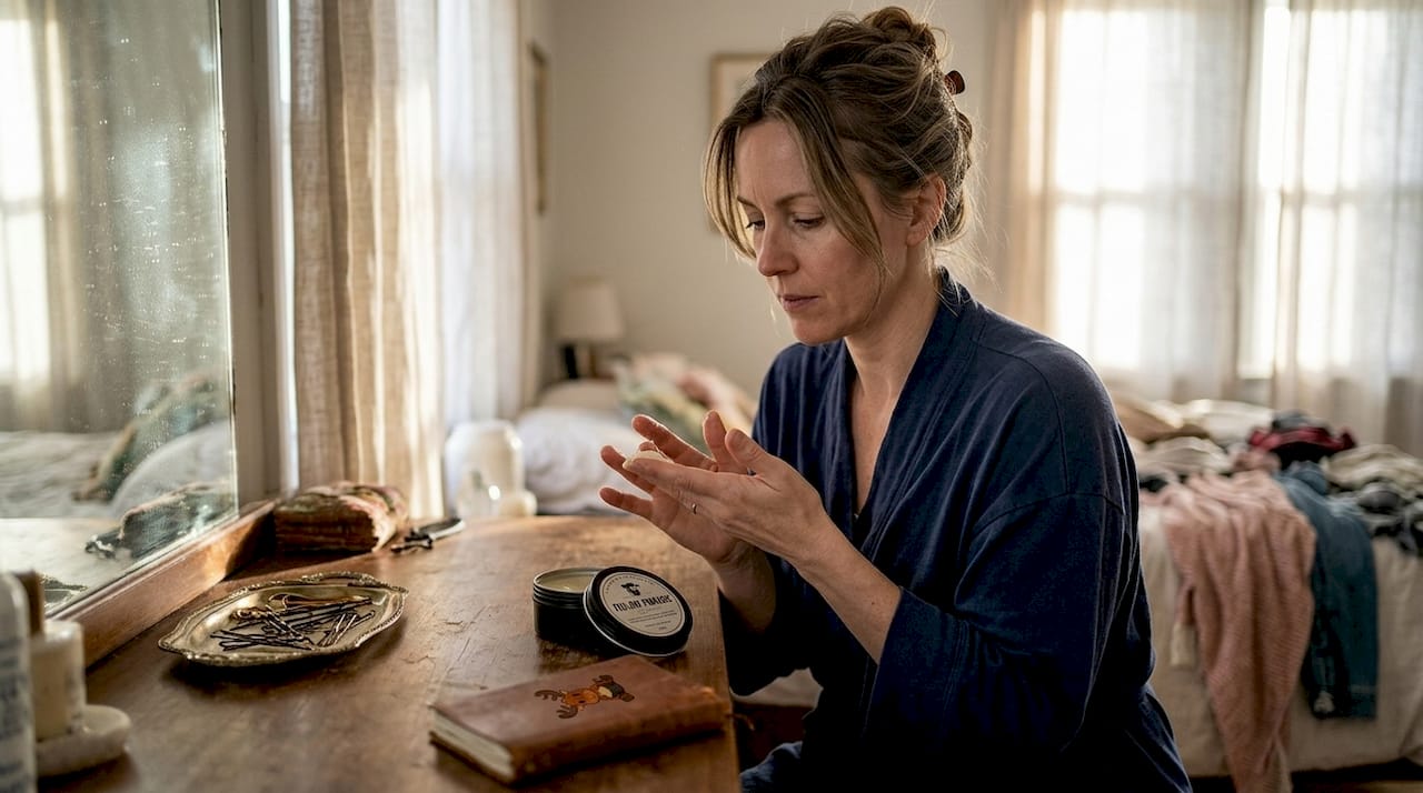 Woman applying tallow pomade at dresser