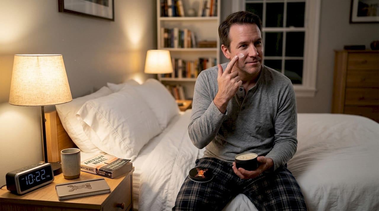 Man applying serum during nighttime skincare