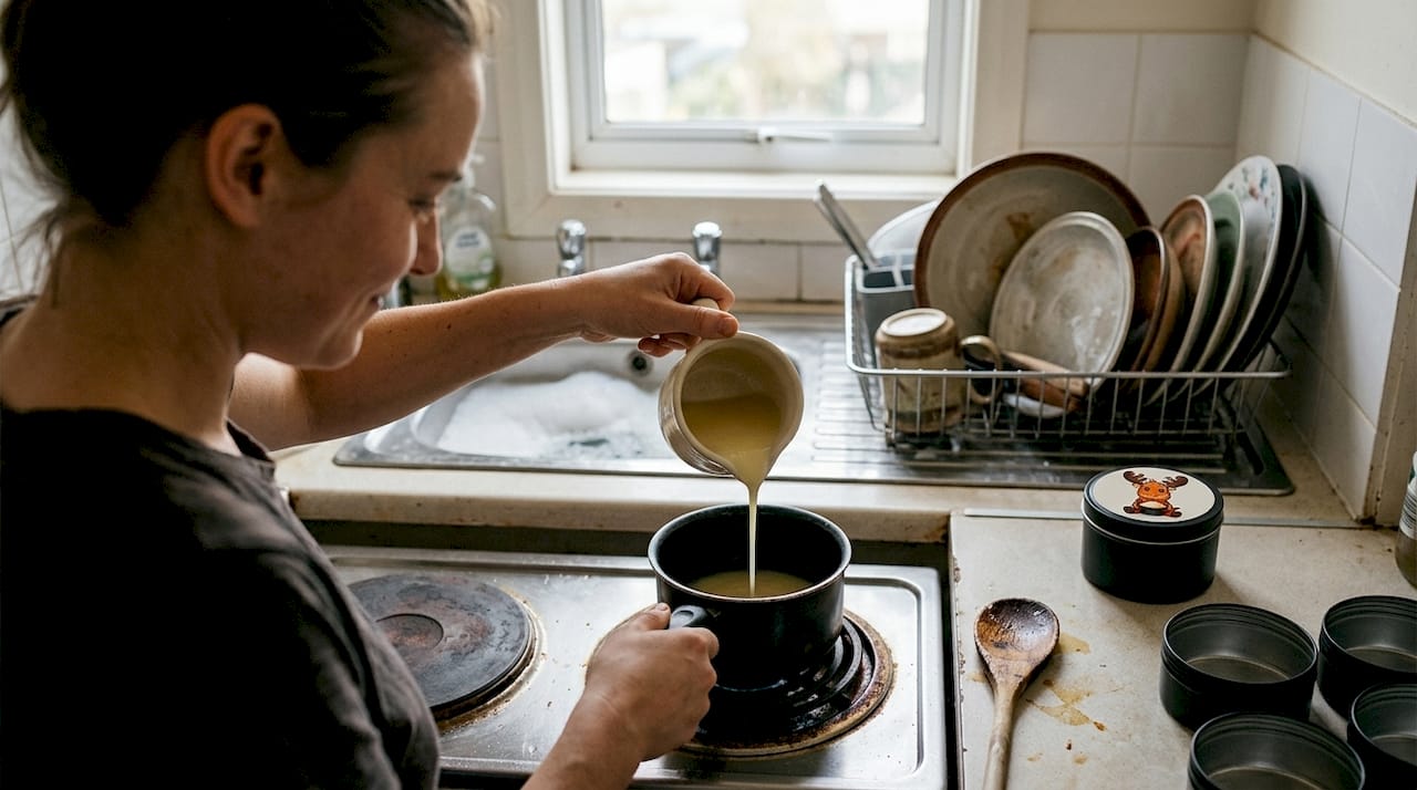 Home cook making tallow lip balm at stove