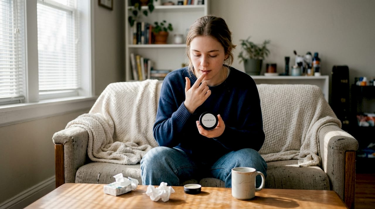Person applying petroleum-based lip balm