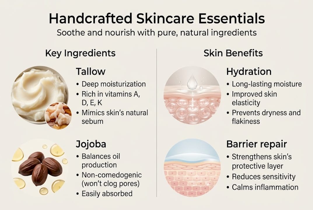 Handcrafted skincare infographic with key benefits