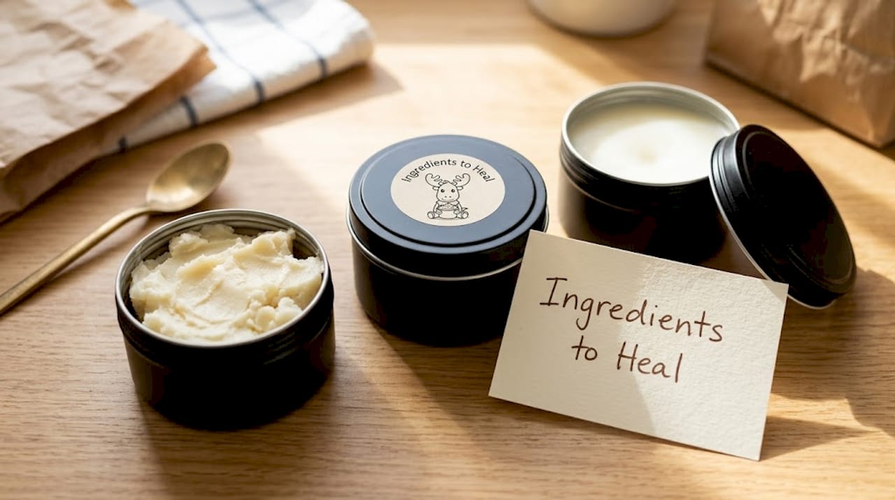 Natural lip balm ingredients arranged on kitchen counter