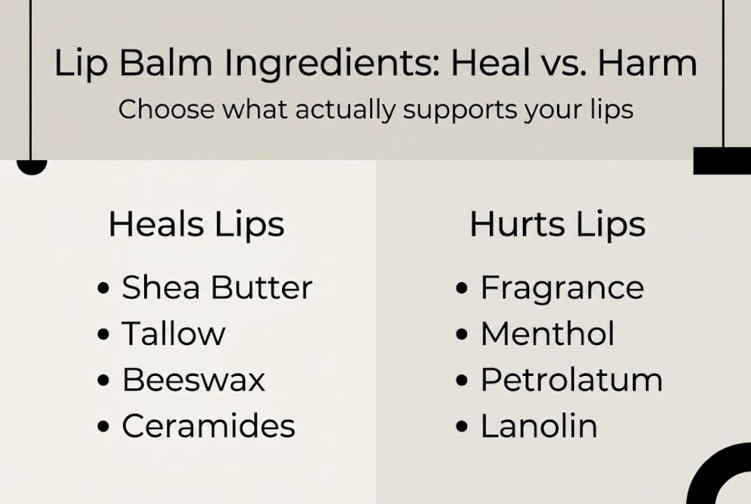 Infographic comparing healing and harmful lip balm ingredients