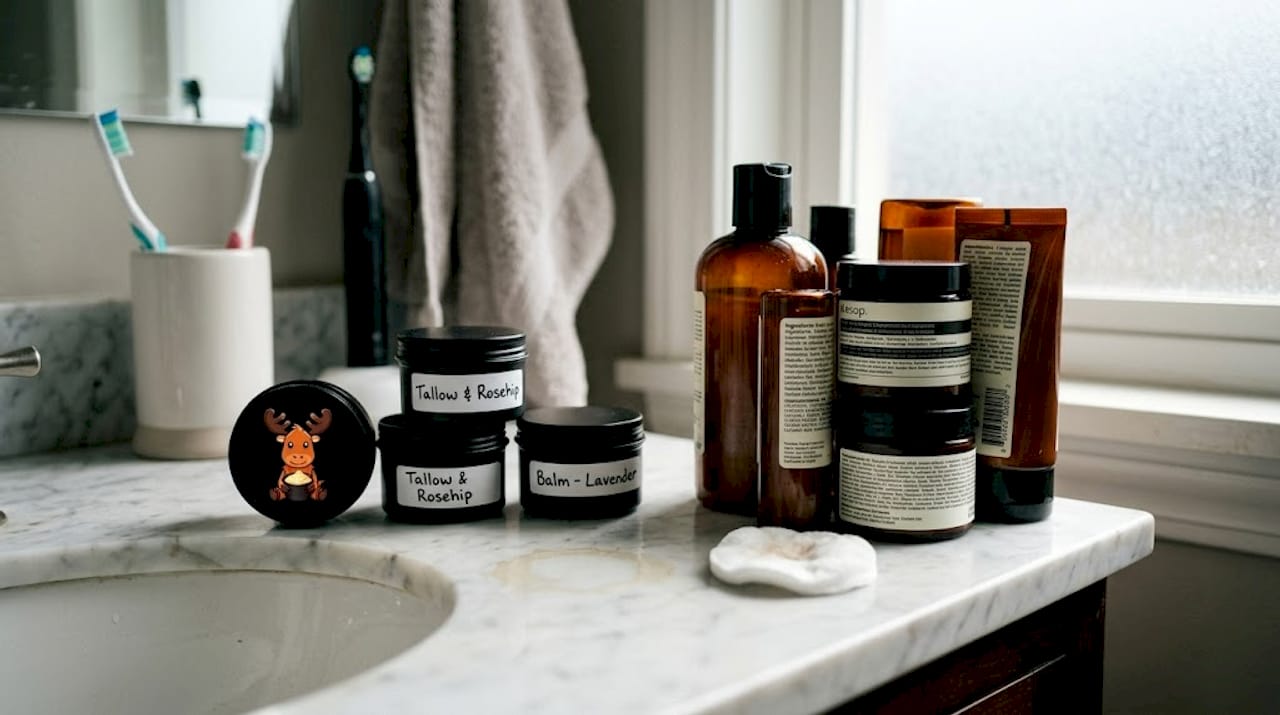 Simple versus complex skincare products in bathroom