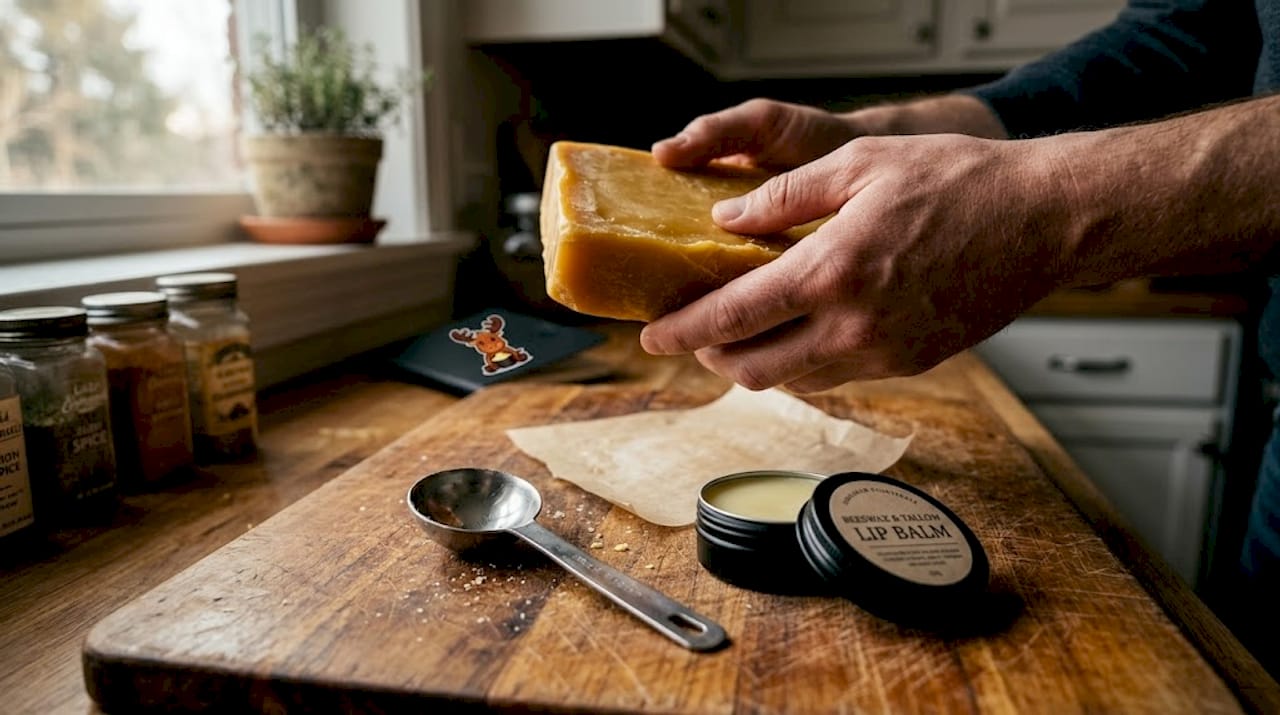 Close-up of beeswax and lip balm making tools