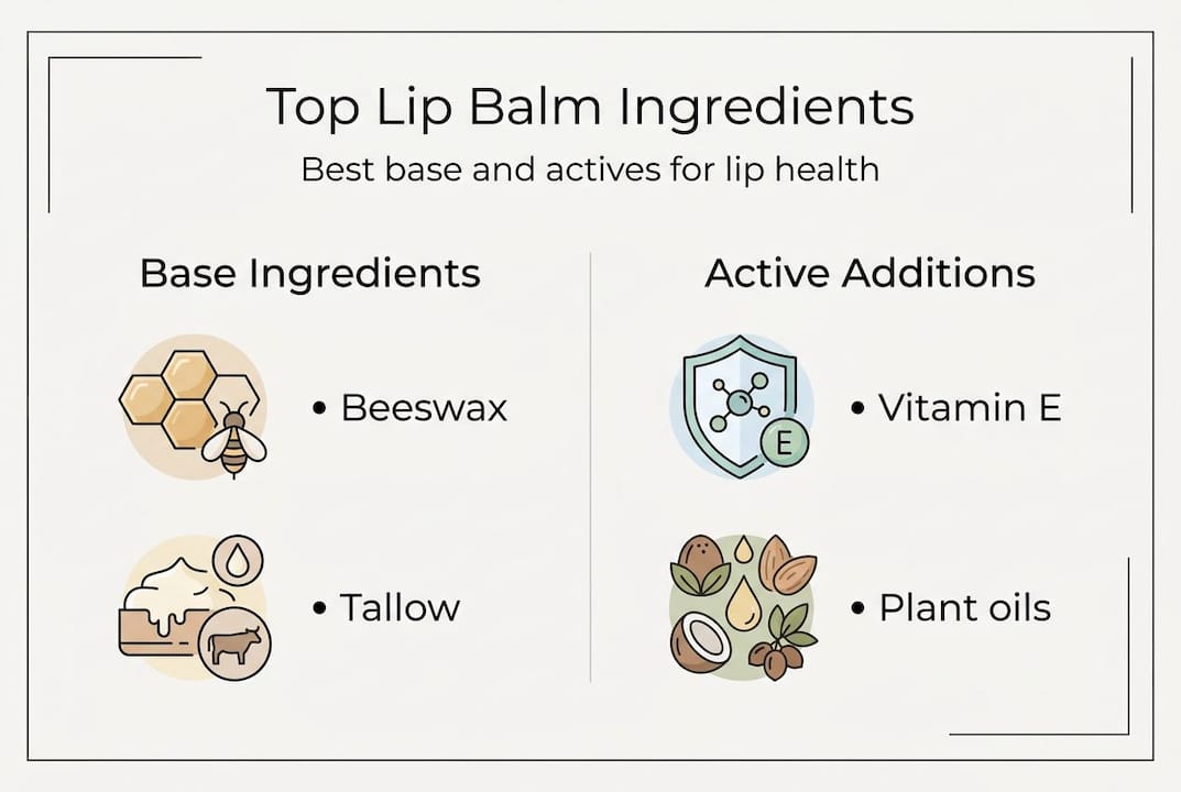 Infographic listing best lip balm base and active ingredients