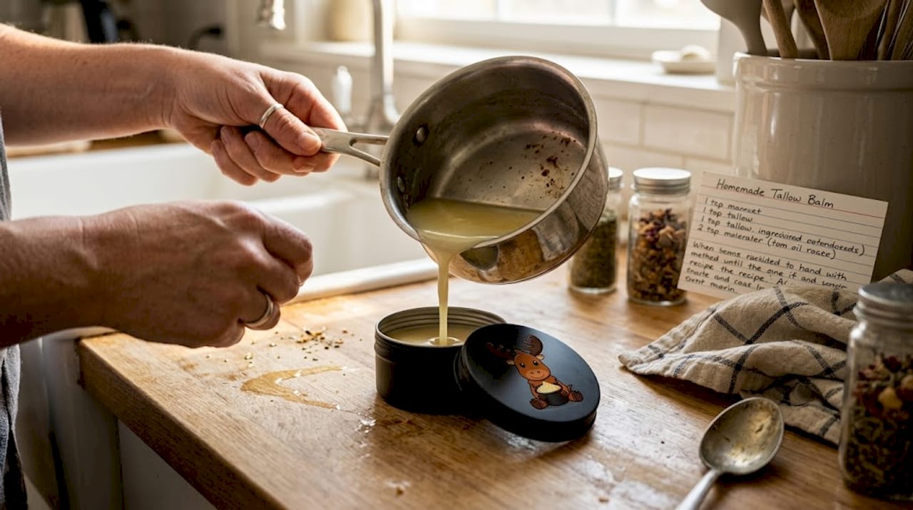 Pouring homemade tallow lotion into jar