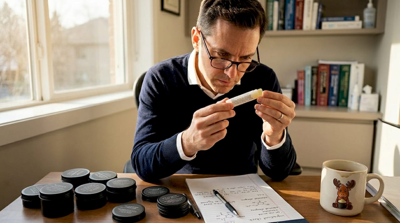 Dermatologist checking lip balm ingredients at desk