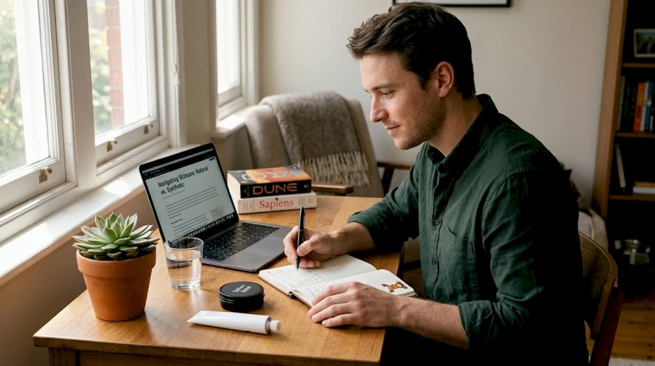 Man comparing skincare products at home desk