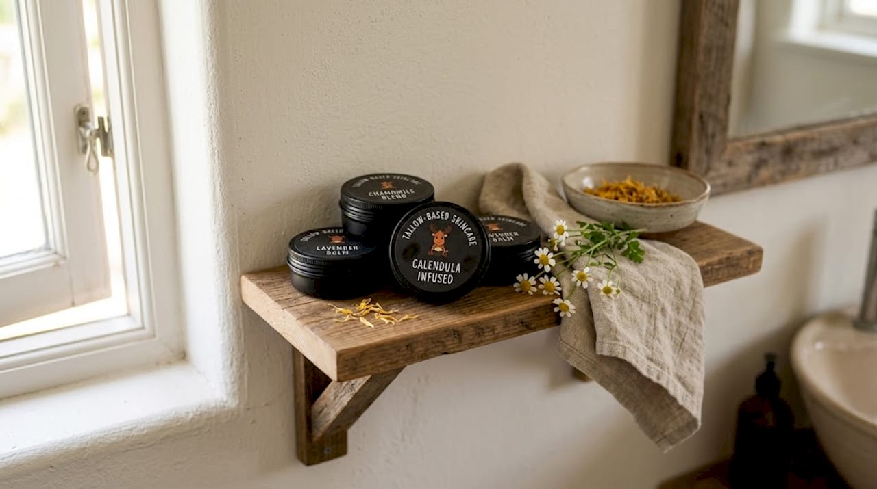Tallow and plant-based skincare jars on wooden shelf