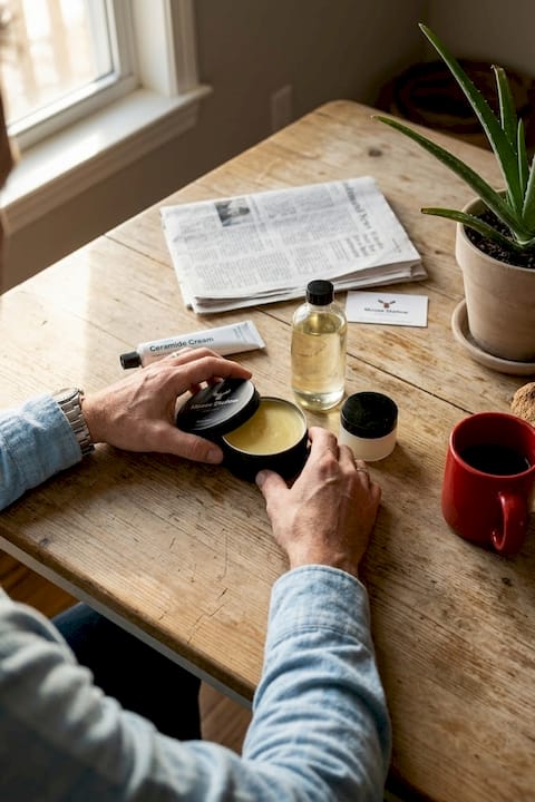 Hands arranging skincare products on table