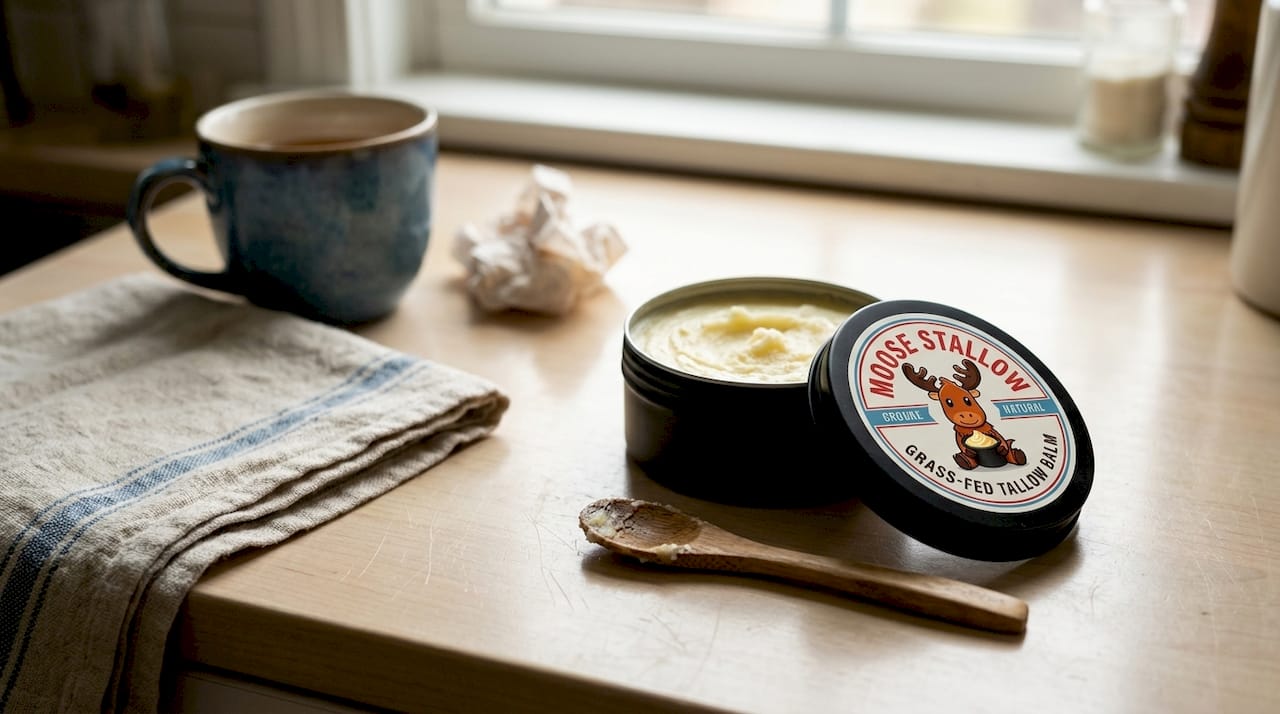 Jar of tallow balm on kitchen counter