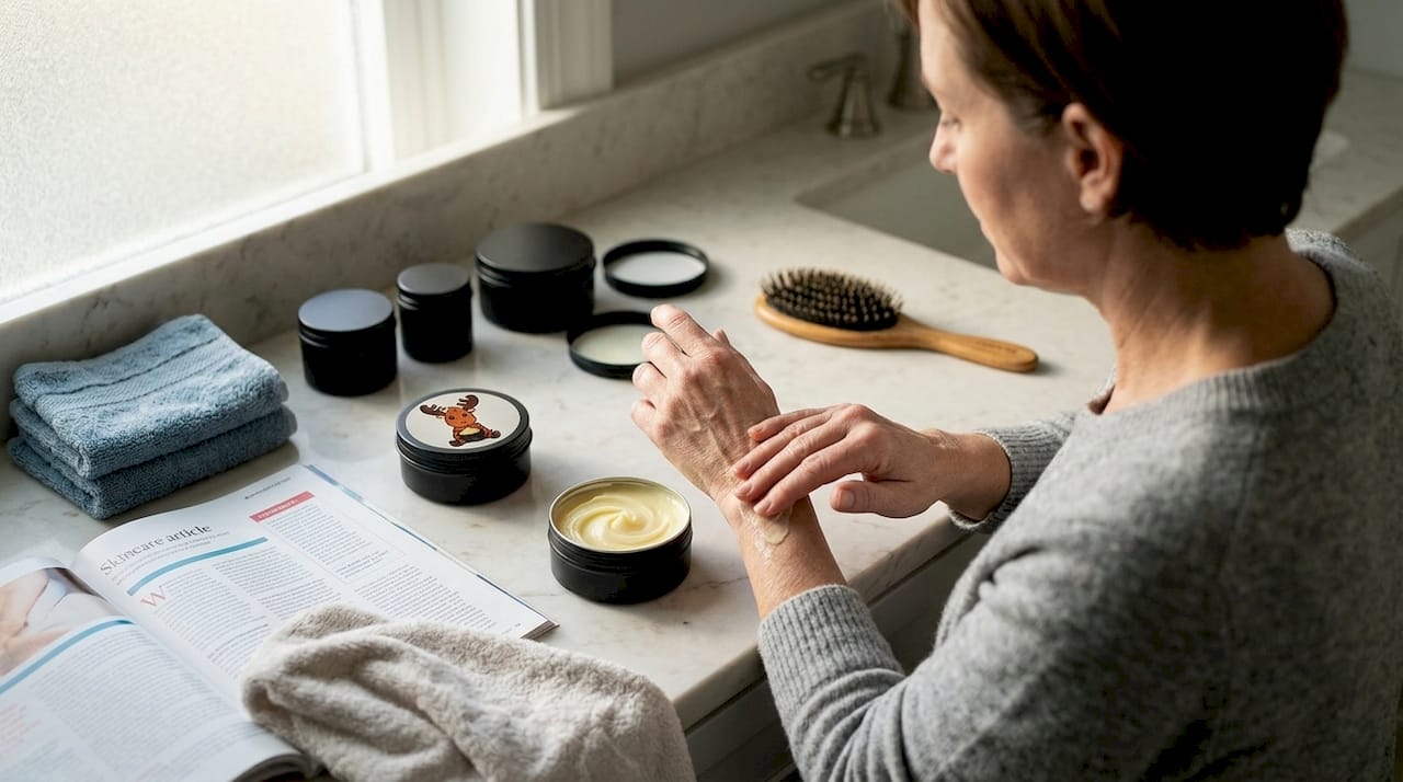 Woman applying beef tallow lotion at vanity