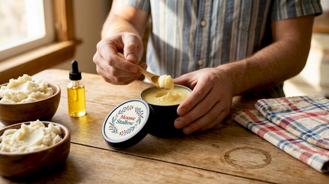 Hands scooping homemade tallow moisturizer
