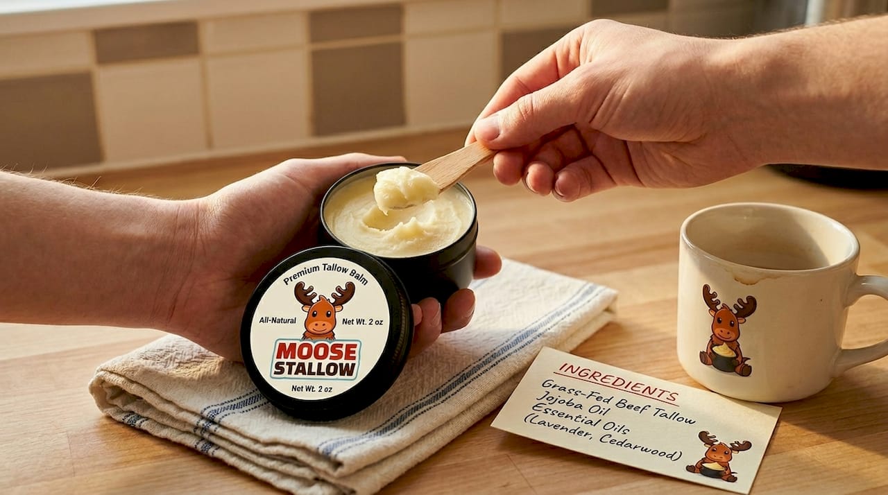 Hands scooping tallow balm in kitchen