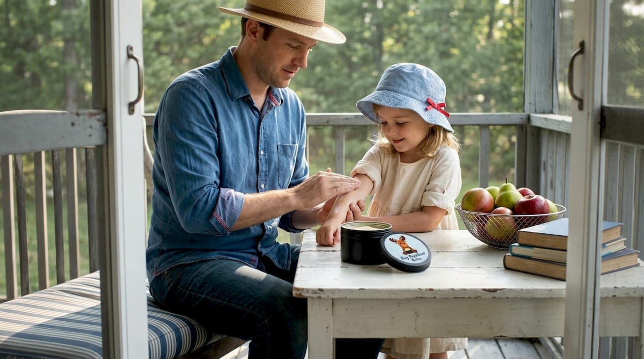 Family using natural bug repellent balm on porch
