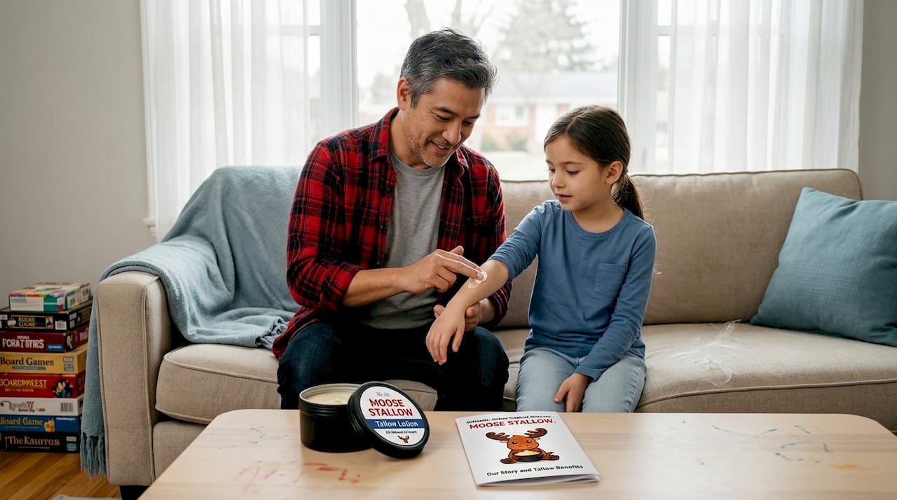 Parent testing lotion on child in living room