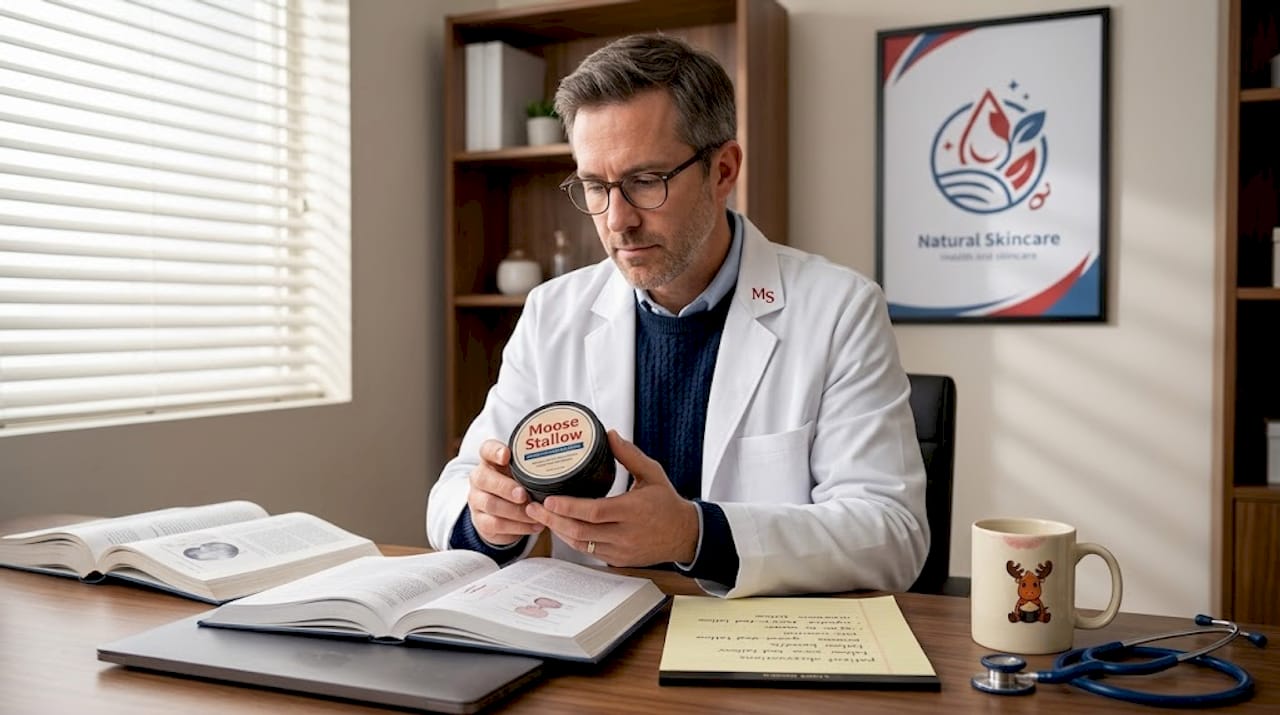 Dermatologist studying tallow moisturizer jar