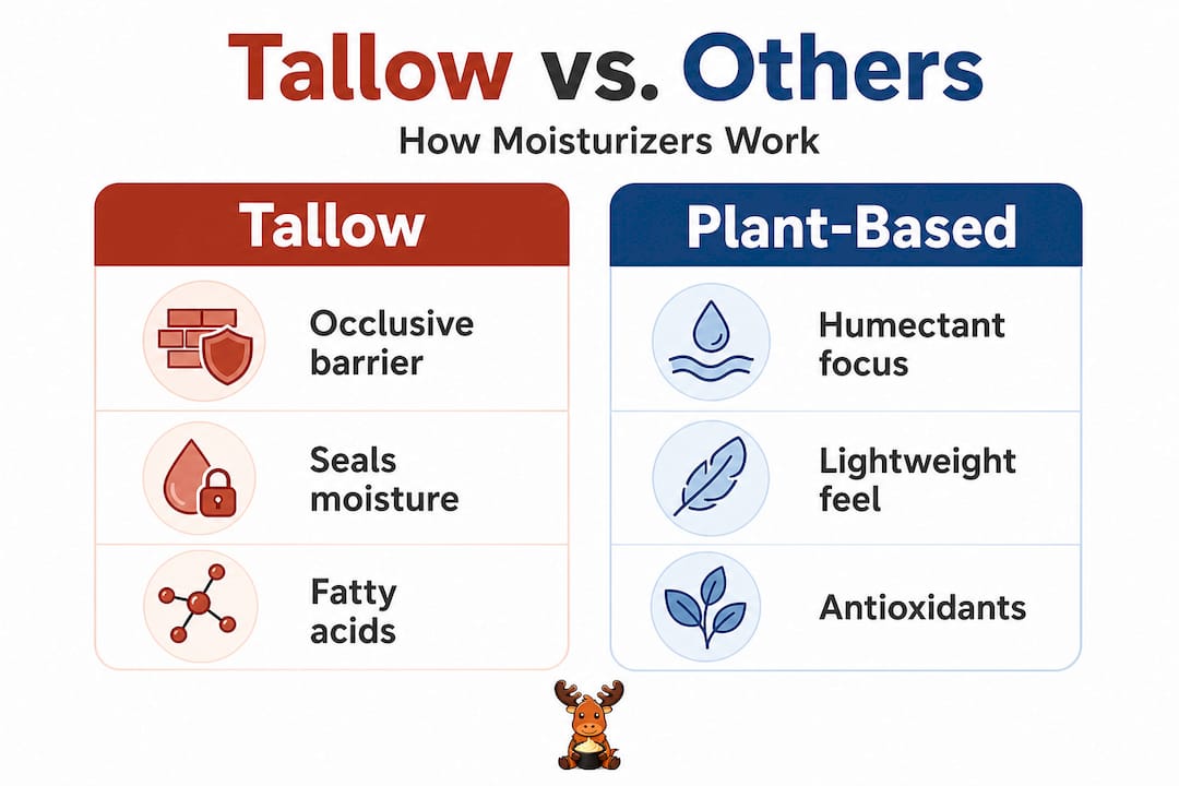 Split infographic comparing tallow and plant moisturizers