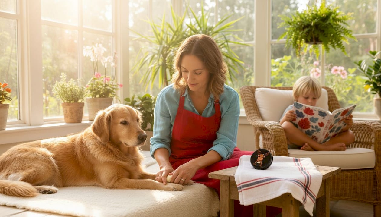 Woman applying tallow balm to dog's paw