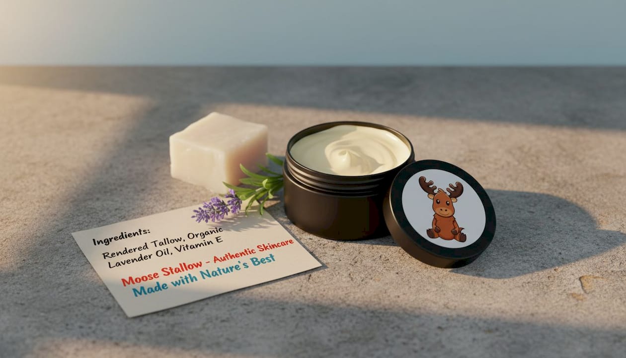 Tallow moisturizer and natural ingredients on counter