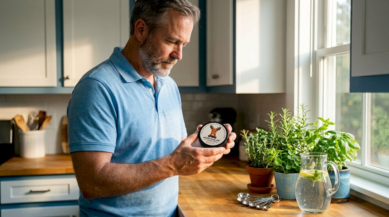 Man checking expiration date on skincare jar