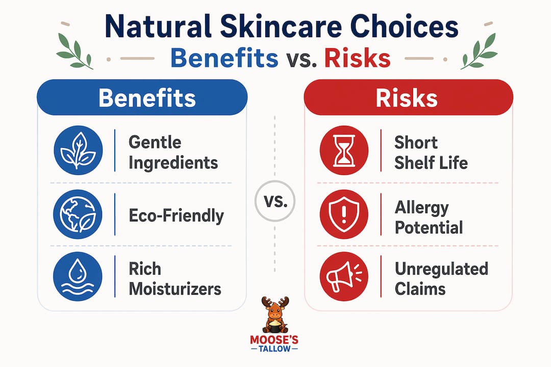 Infographic comparing natural skincare benefits and risks