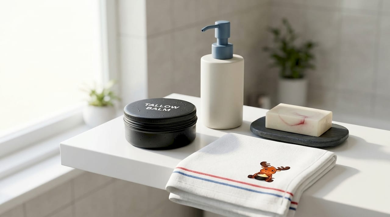 Simple ingredient skincare products on wooden shelf