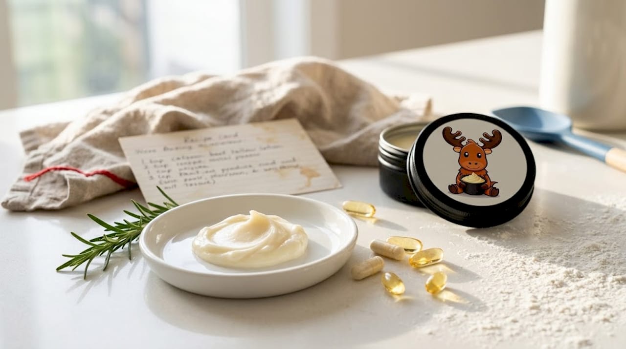 Lotion, vitamins, rosemary on kitchen counter