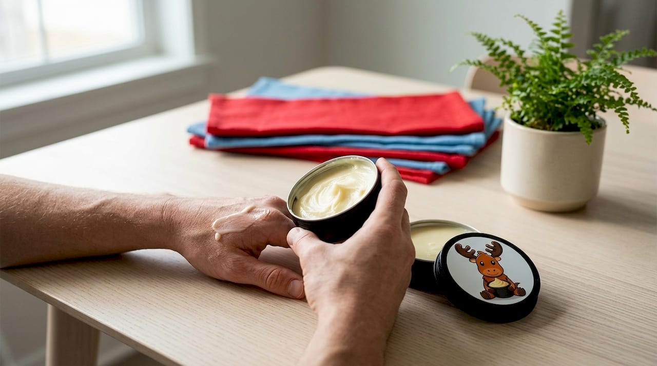 Hands applying natural moisturizer at kitchen table