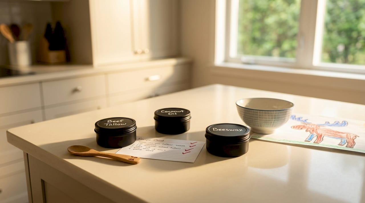 Natural lotion ingredient jars on kitchen counter