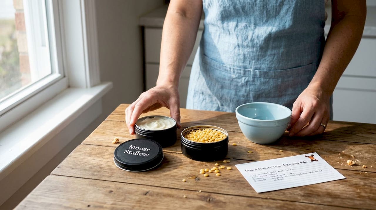 Hands examining beef tallow and beeswax