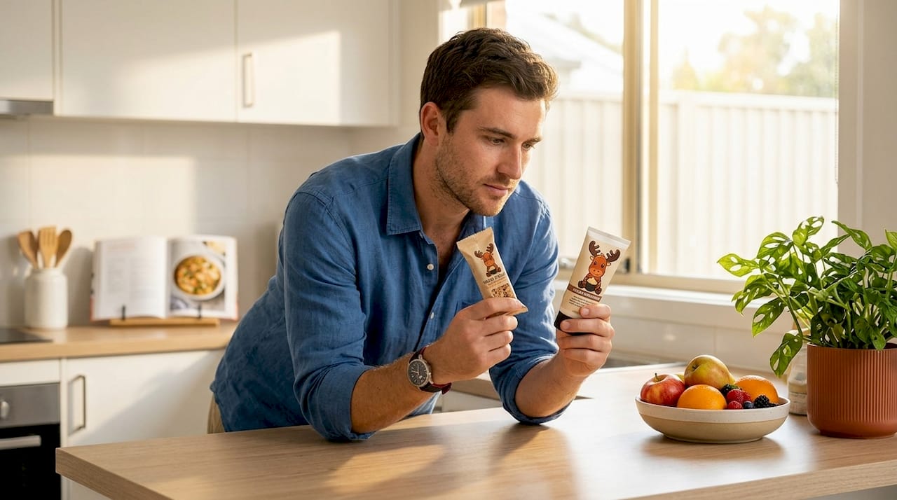 Man compares skincare and food ingredient labels