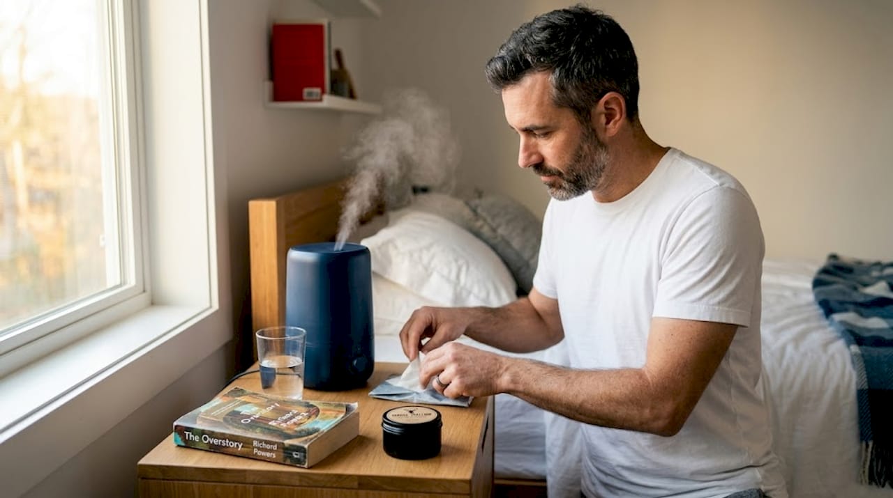 Man beside humidifier performs bedtime routine