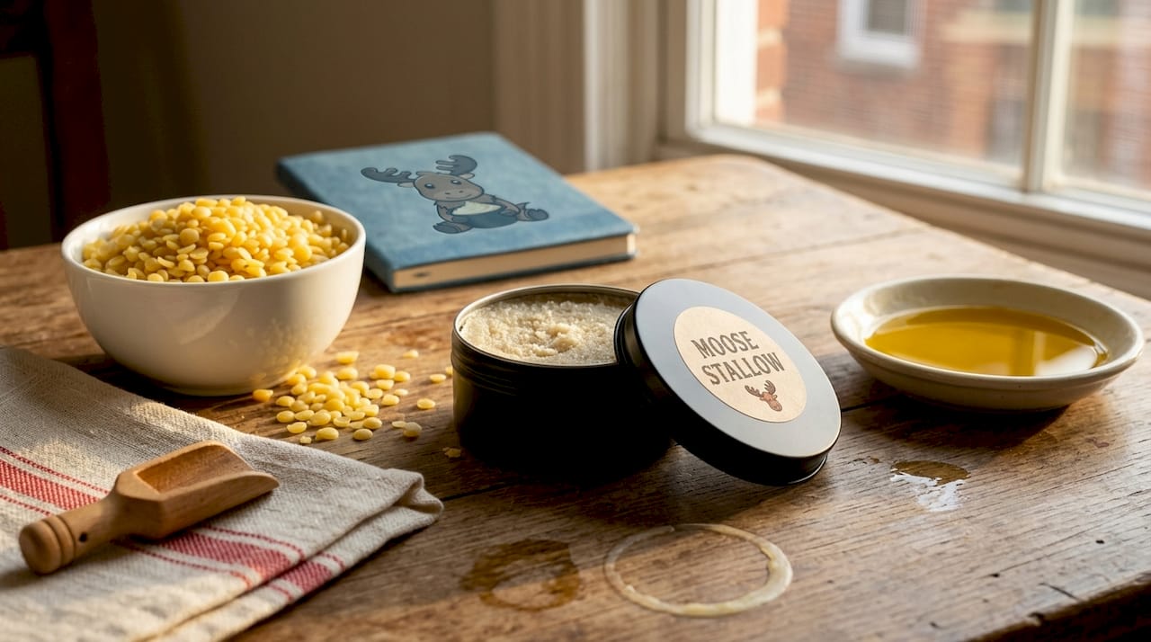 Skincare ingredients tallow, wax, oil on counter