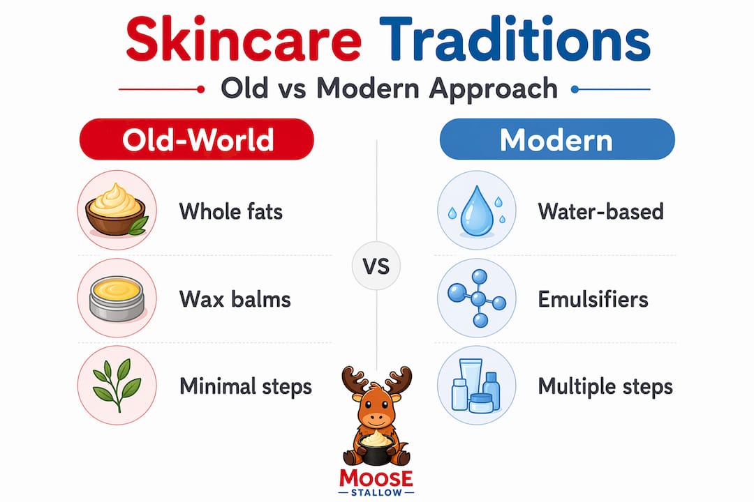 Comparison infographic old-world versus modern skincare