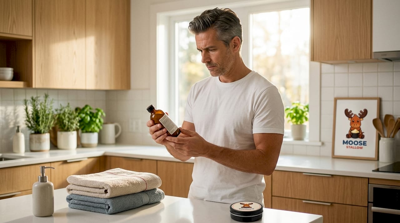 Man reviews ingredients on skincare bottle