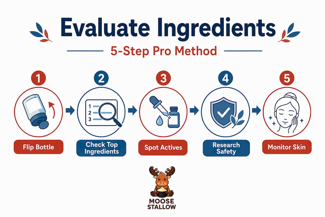 Step-by-step infographic for evaluating skincare ingredients