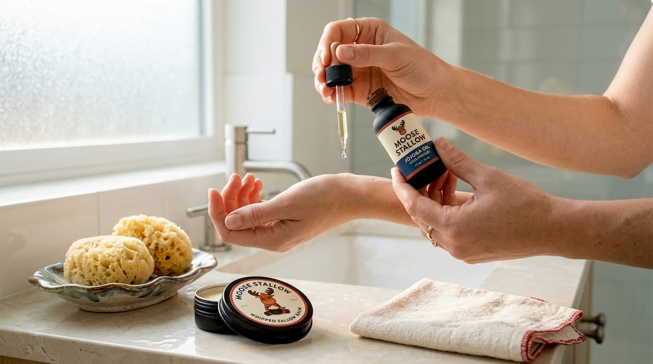 Hands dispensing jojoba oil above bathroom sink