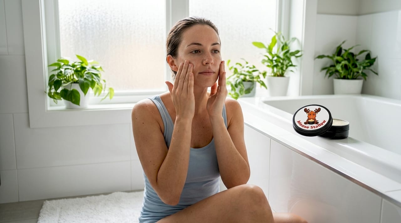 Hands applying moisturizer to damp face