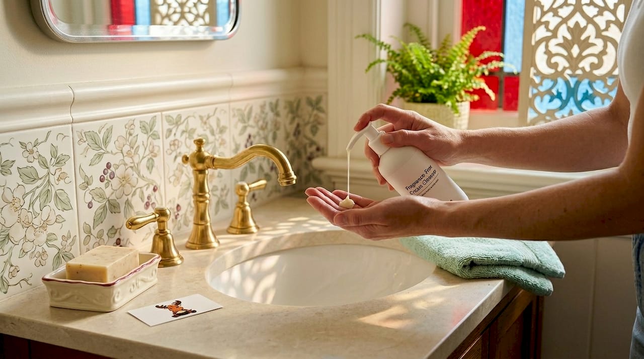Hands using gentle cream cleanser in bathroom