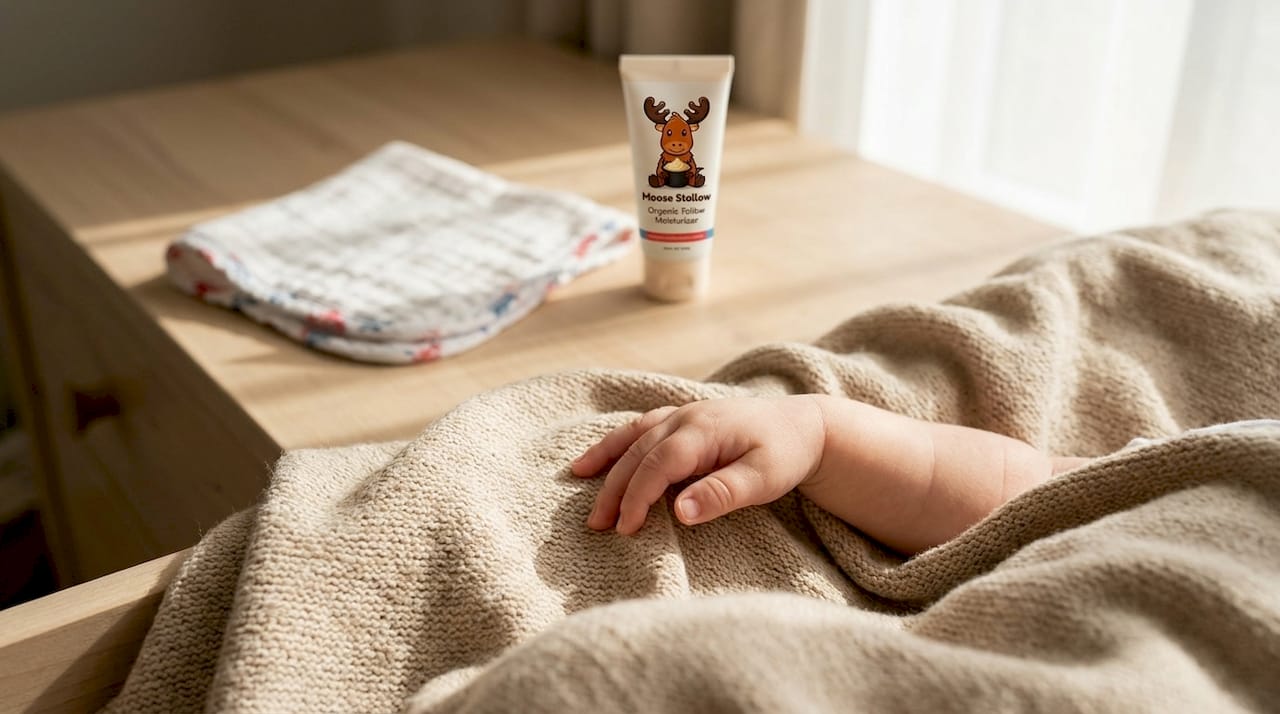 Close-up of infant skin texture and moisturizer nearby