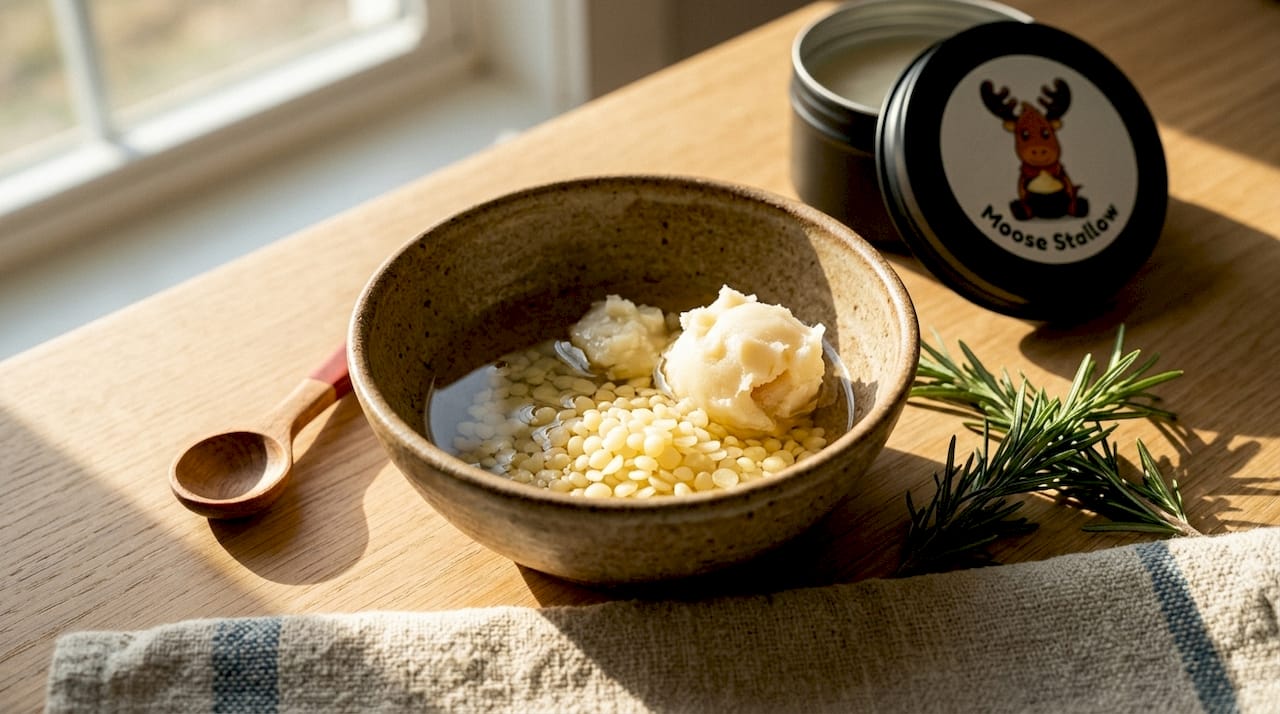 Close-up of key natural skincare ingredients on wooden surface