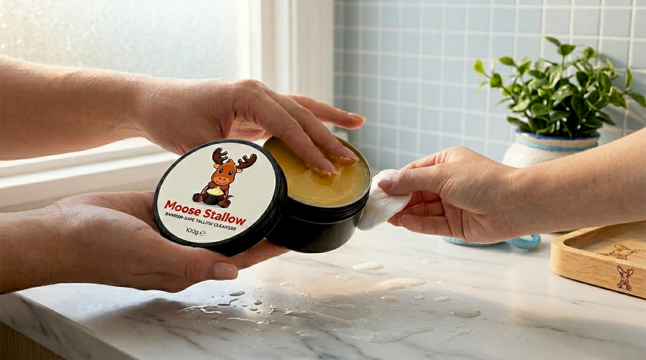 Hands using gentle barrier-safe cleanser on cotton pad