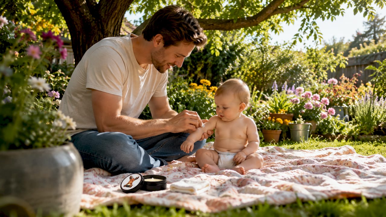 Father applying natural baby lotion to infant's arm
