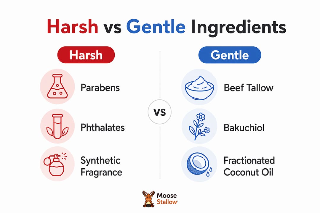 Infographic comparing harsh and gentle skincare ingredients